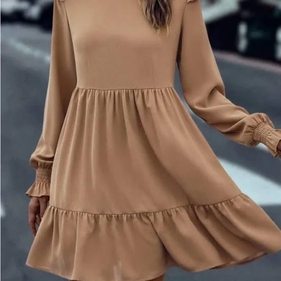 Tan Long Sleeve Tiered Sundress with Mock Neck - Picture 2 of 8